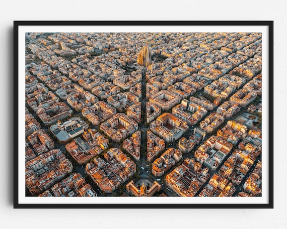 Barcelona City Sunrise Poster, Aerial Travel Print