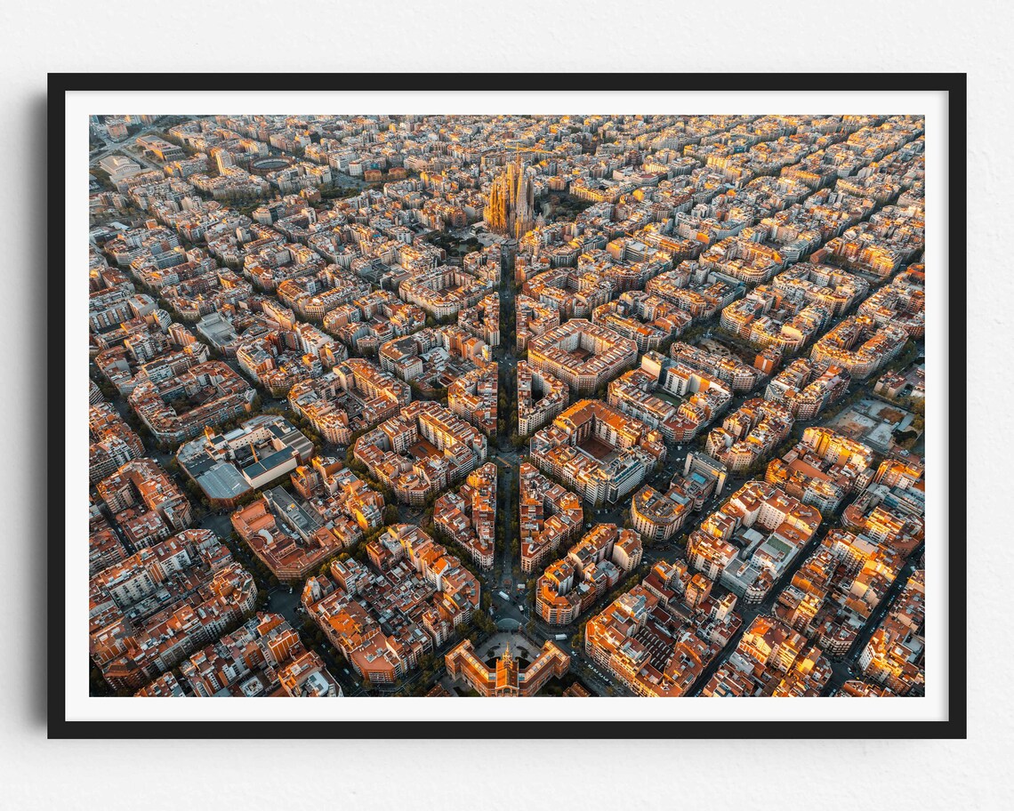 Barcelona City Sunrise Poster, Aerial Travel Print