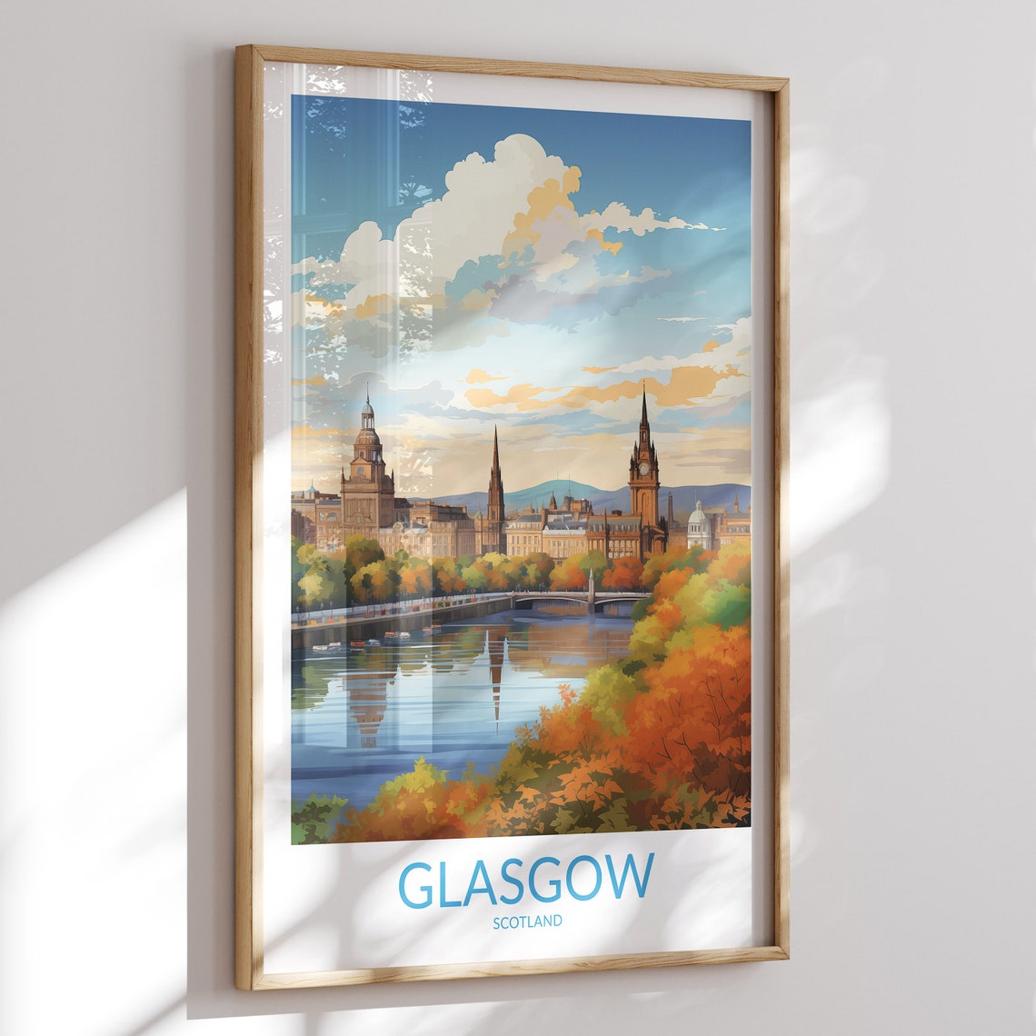 Glasgow Scotland River Skyline Autumn Colors Warm Travel Poster