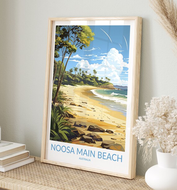 Noosa Main Beach Australia Golden Sand and Rocky Headland Travel Poster