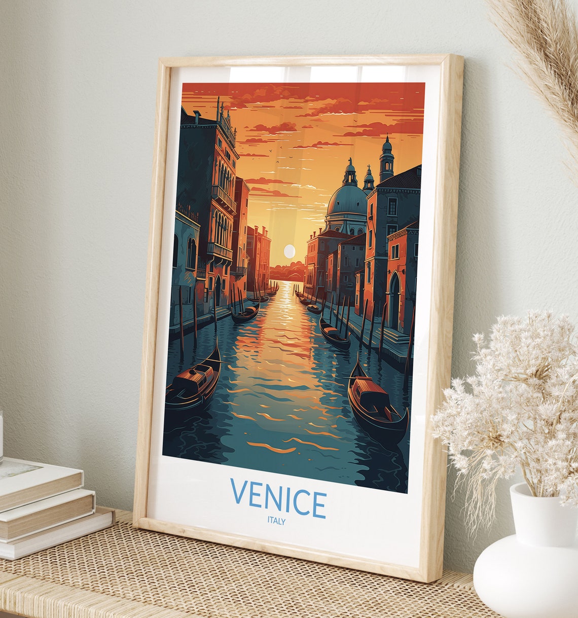 Venice Italy Grand Canal Sunset Gondolas Vintage Travel Poster