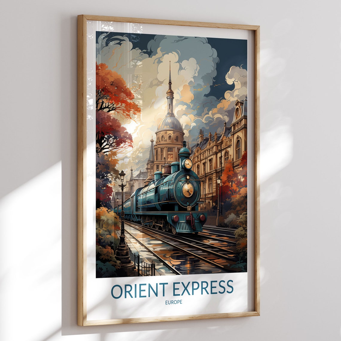 Orient Express Europe Teal Locomotive City Street Autumn Decor Poster