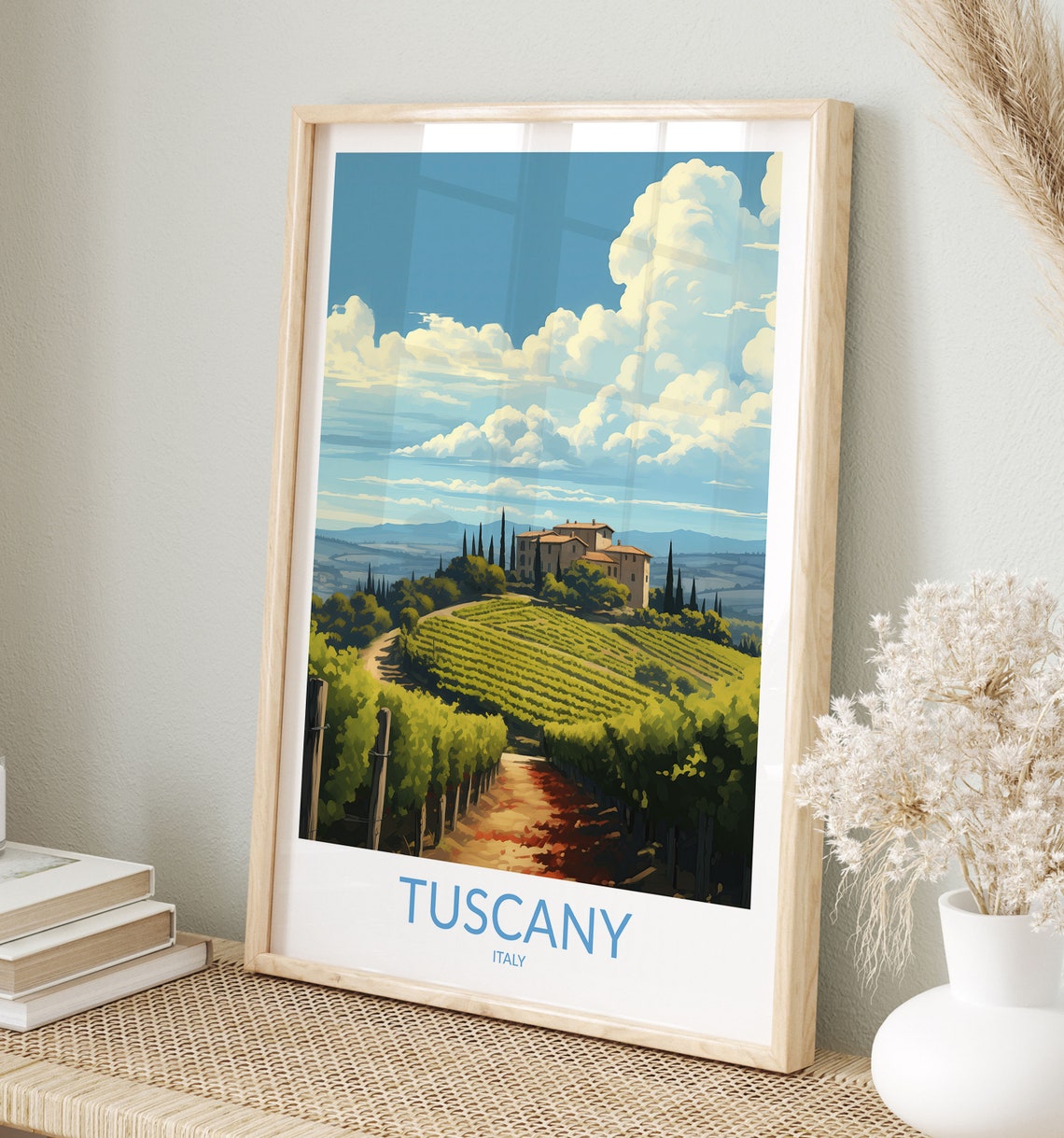 Tuscany Italy Vineyard Rows Hilltop Villa Countryside Travel Poster