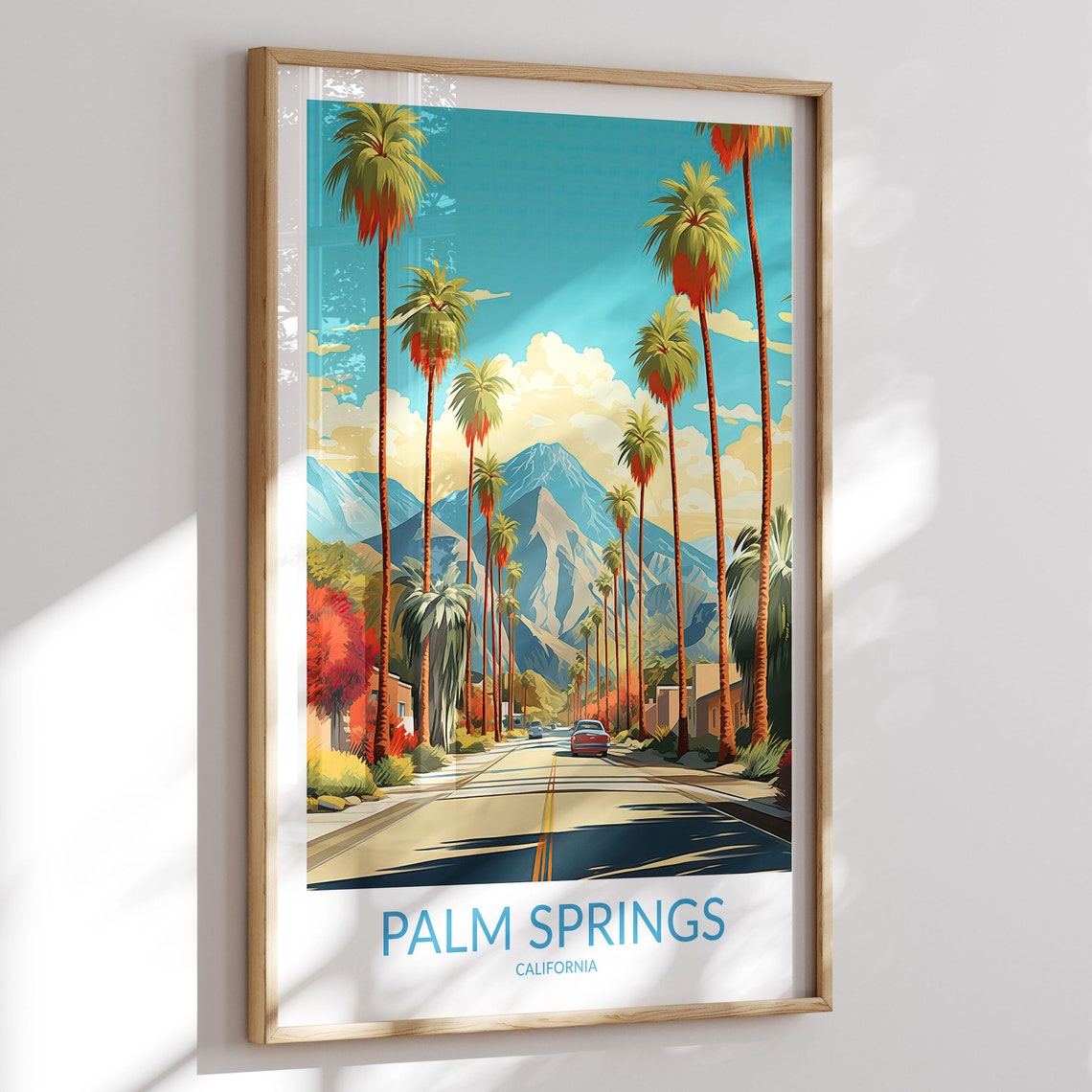 Palm Springs California Palm Lined Street Mountain Travel Poster