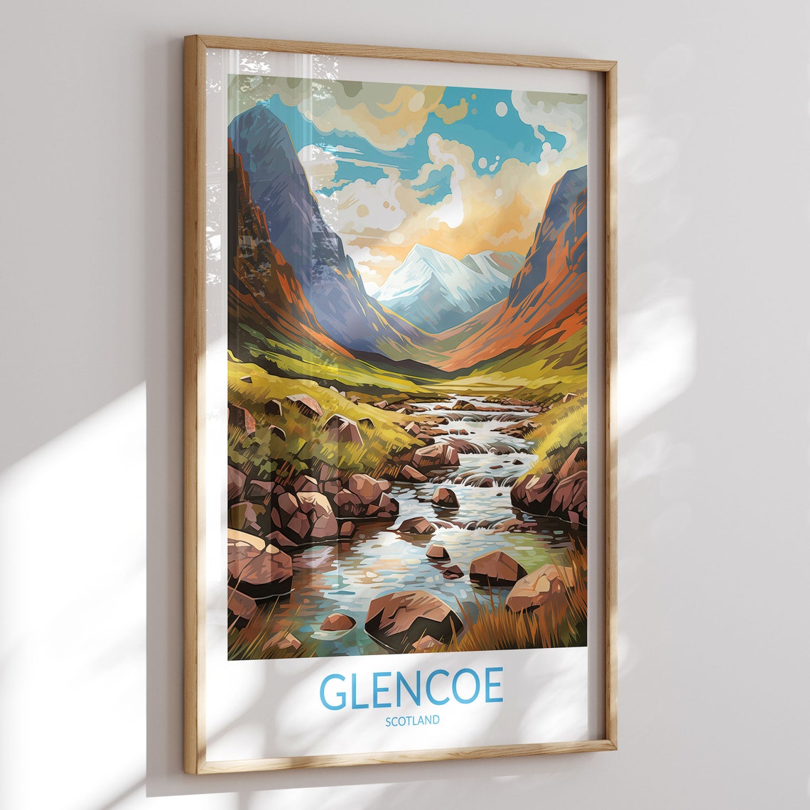 Glencoe Scotland Boulder Stream Orange Cliffs Snowy Summit Poster