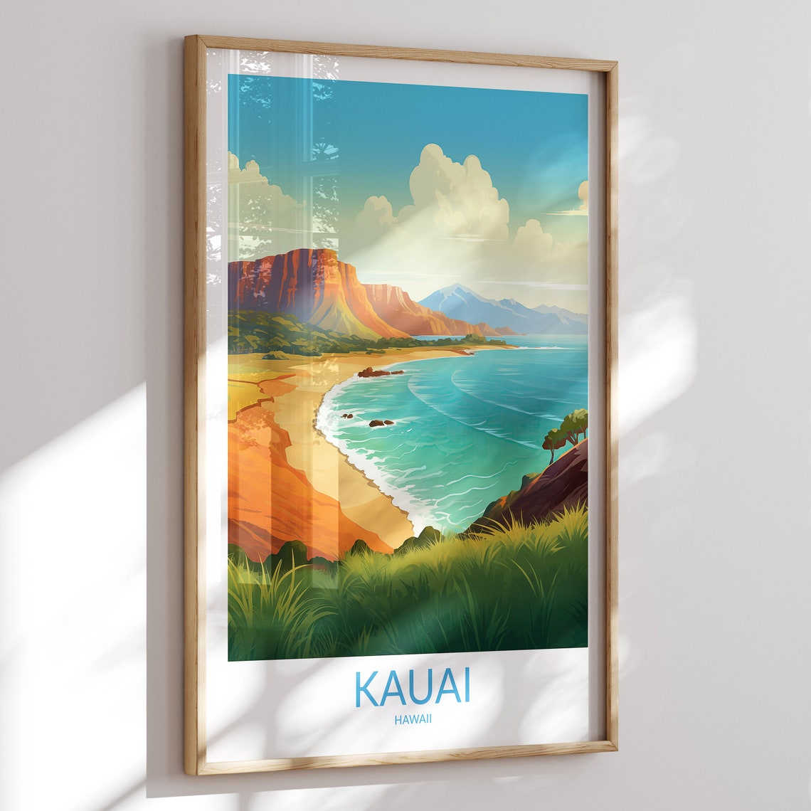 Kauai Hawaii Red Cliffs Golden Beach Bold Coast Travel Poster