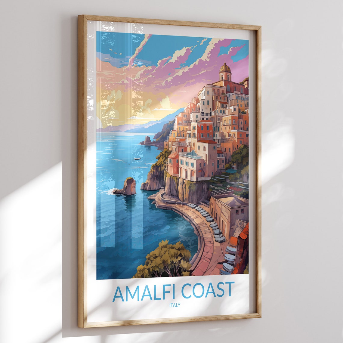 Amalfi Coast Italy Cliffside Town Church Dome Sunset Travel Poster