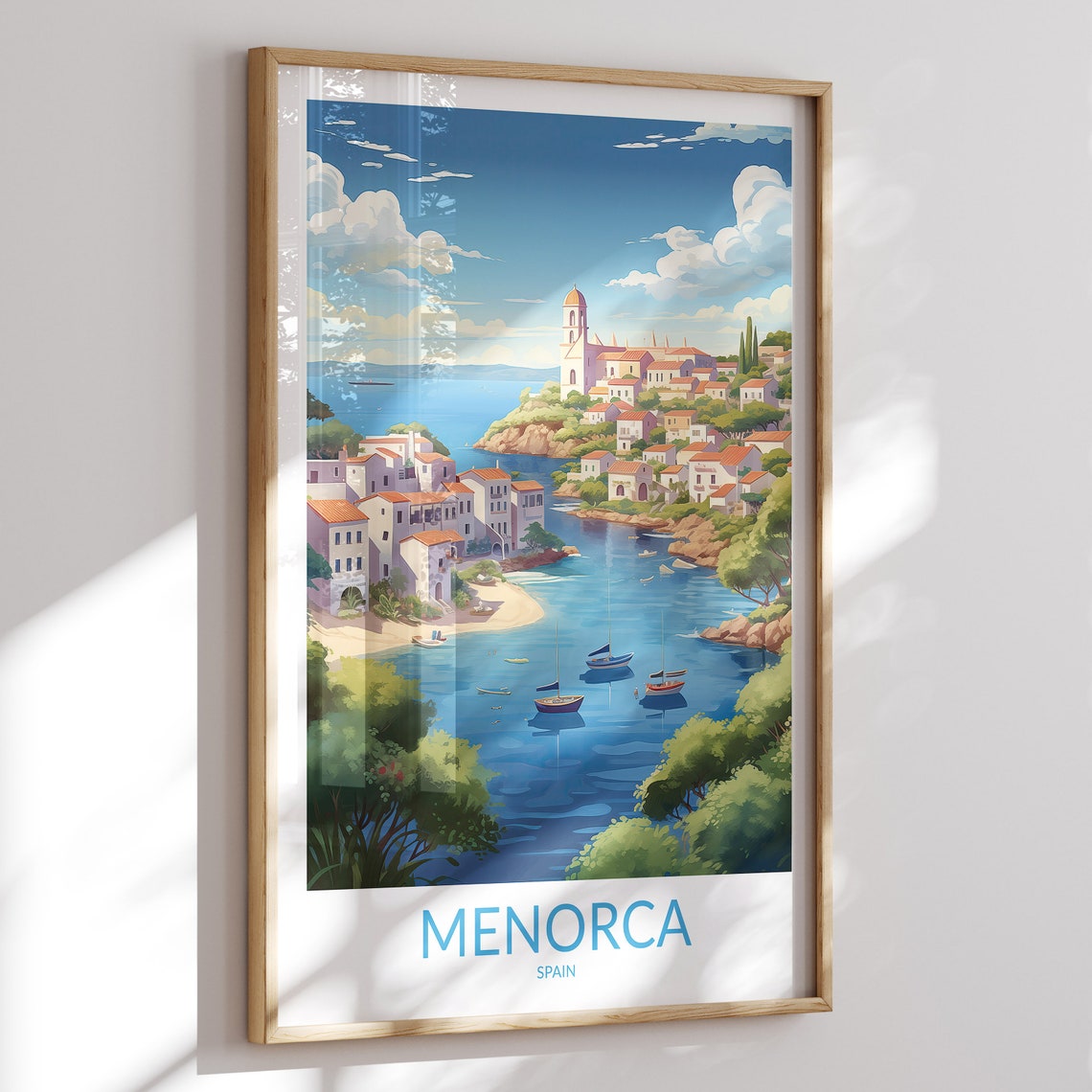 Menorca Spain Blue Cove Travel Poster with Boats and Hillside Town