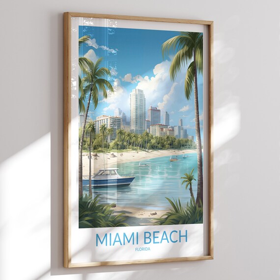 Miami Beach Florida City Skyline Beach Palms Boat Travel Poster
