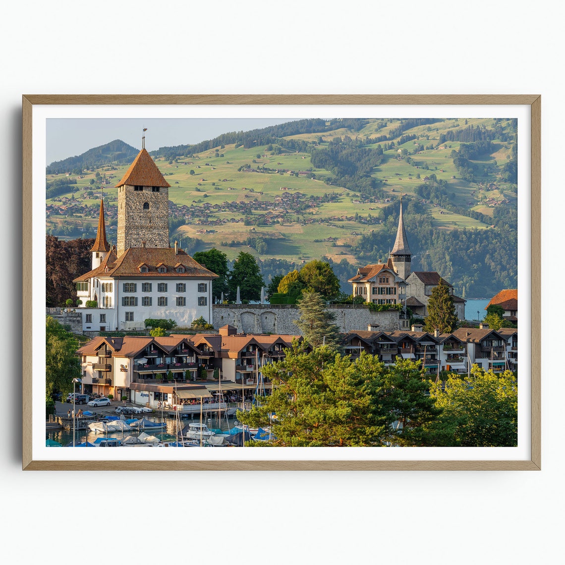 Spiez Switzerland Castle On Lake Thun Alpine Hills View Poster