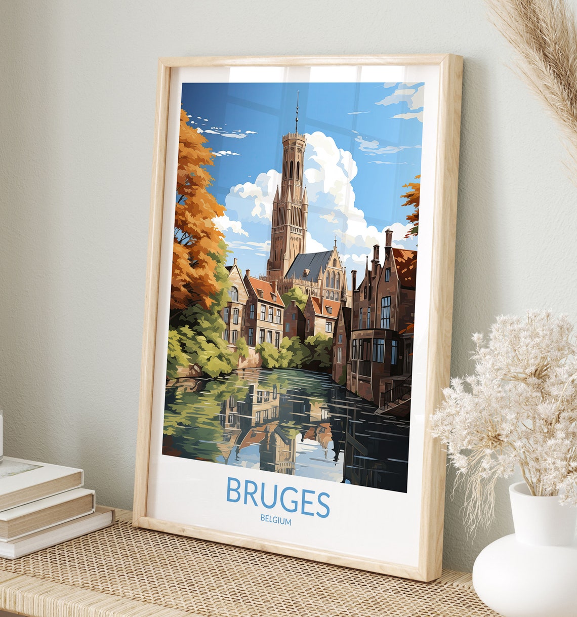 Bruges Belgium Belfry Tower Canal Reflection Autumn Vintage Poster