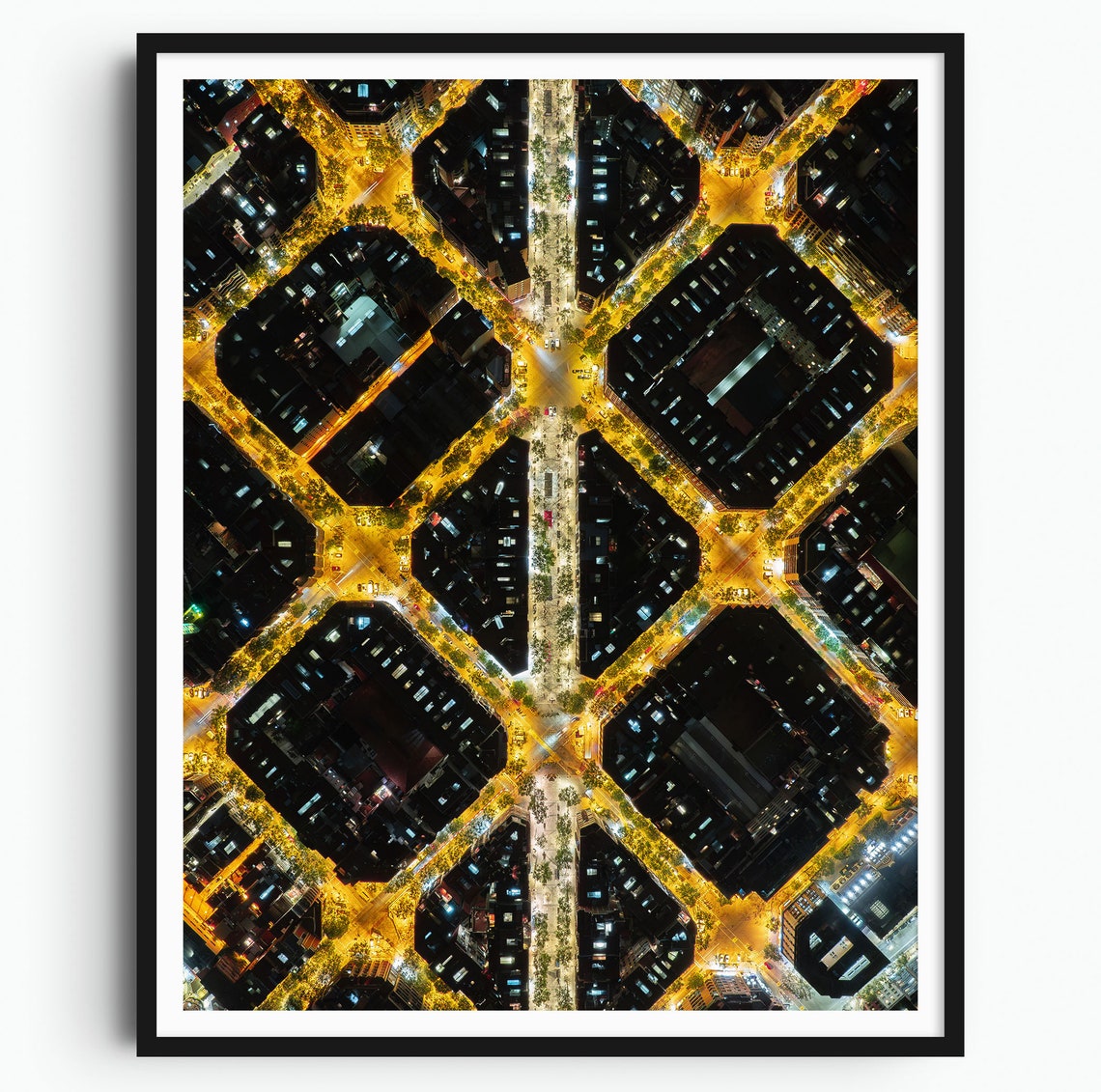 Barcelona Eixample Night Aerial Golden Street Lights Grid Poster