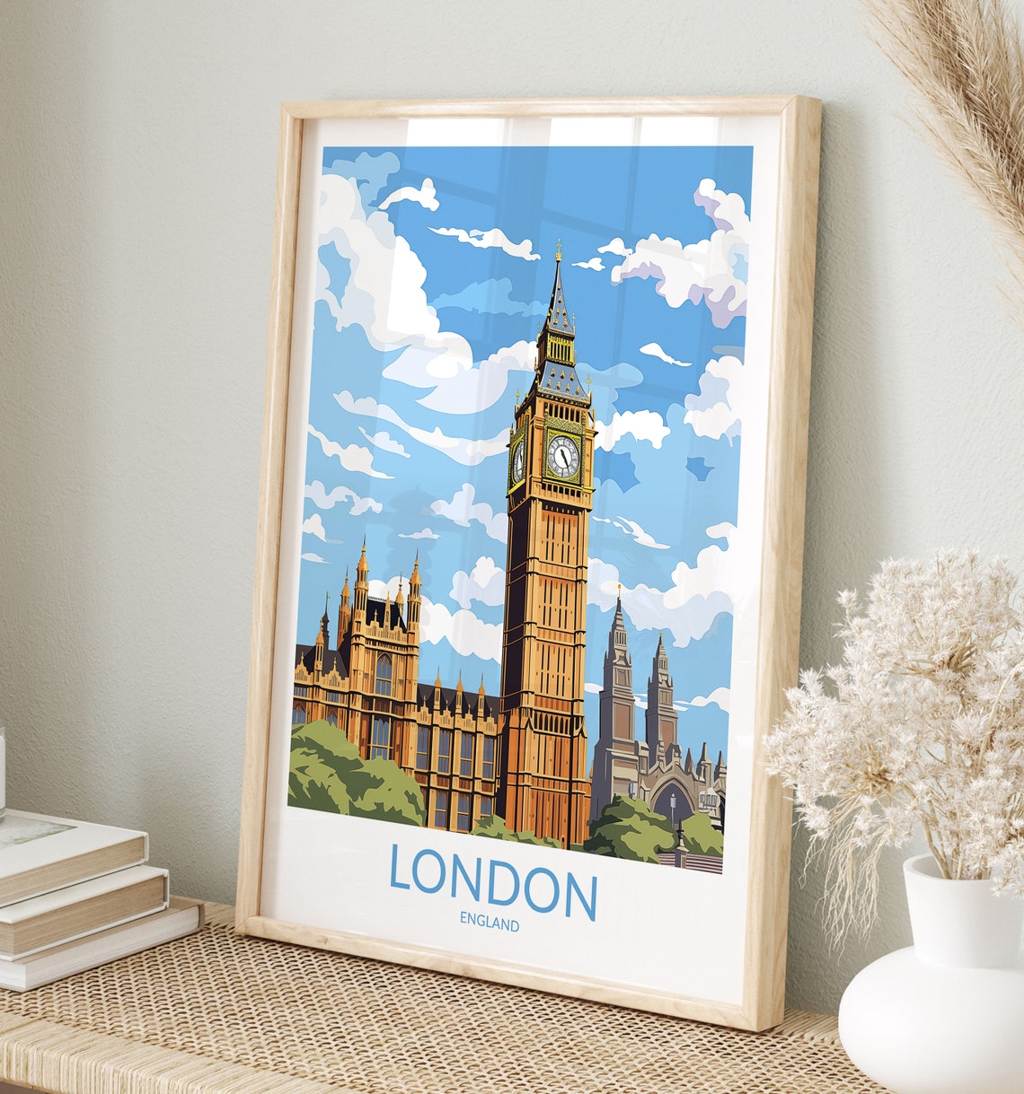 London England Big Ben Clock Tower Clouds Sky Retro Travel Poster