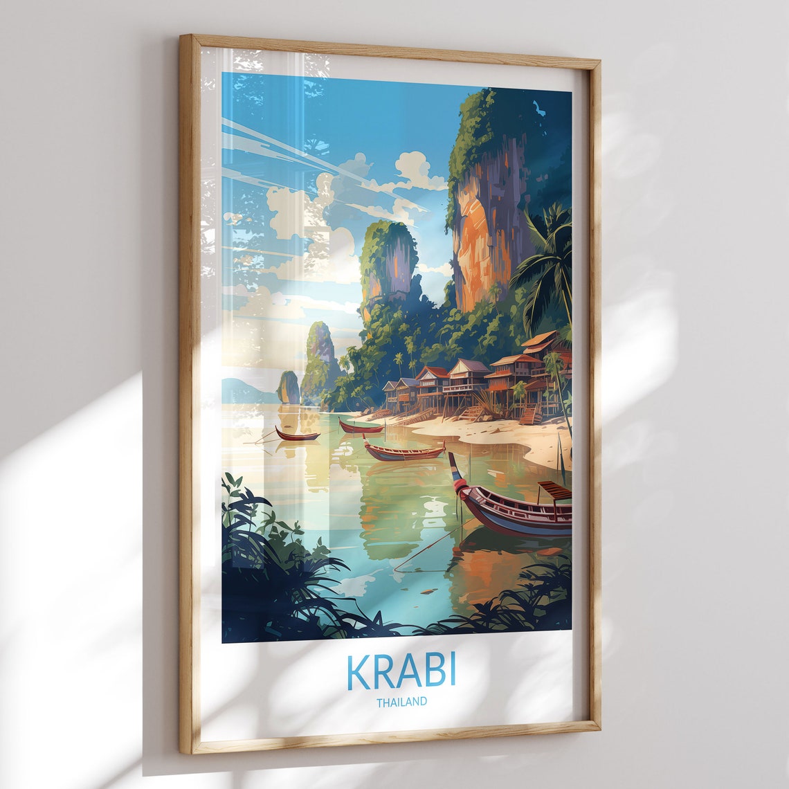 Krabi Thailand Calm Shore Stilt Huts Longtail Boats Karsts Poster