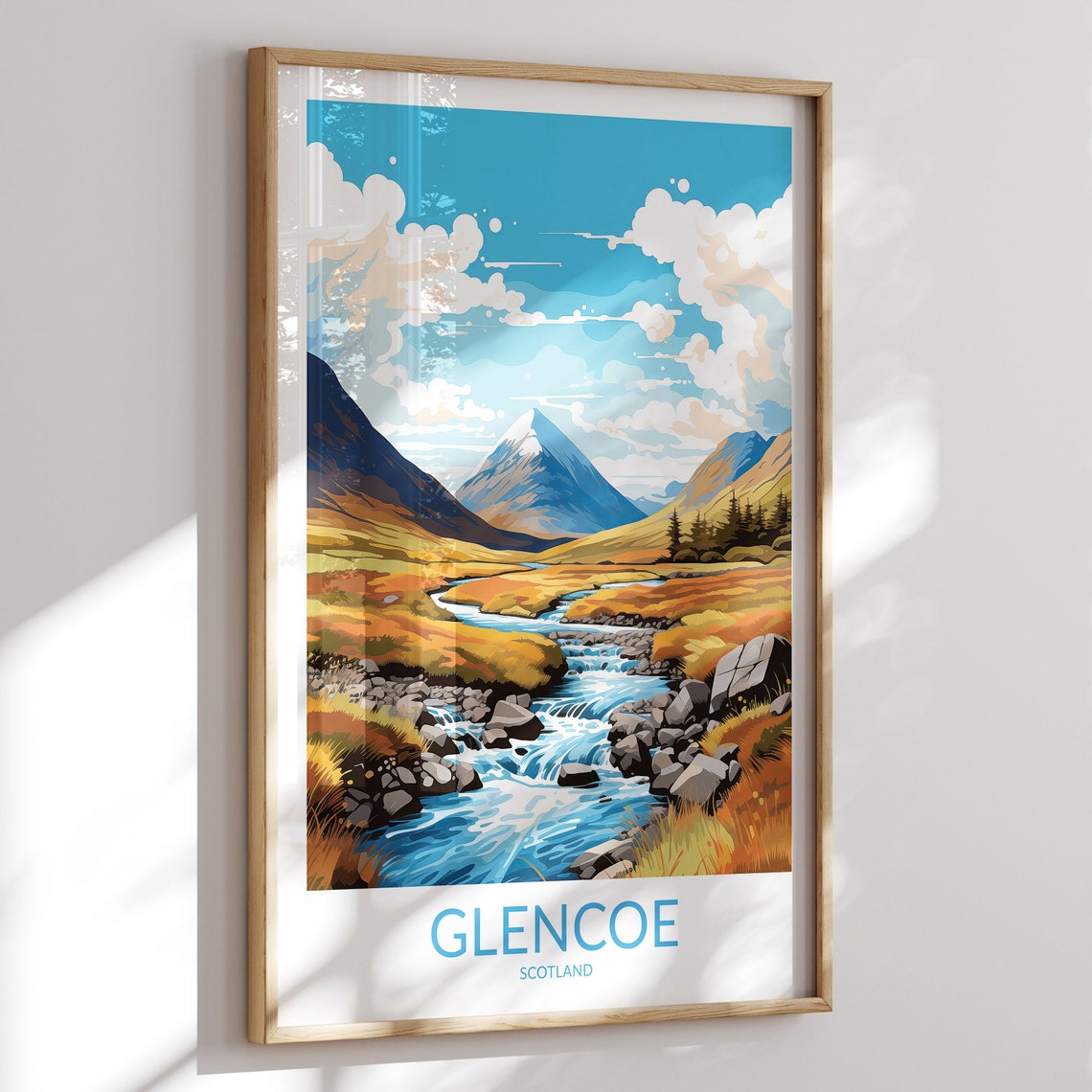 Glencoe Scotland Mountain Stream Valley Golden Hills Travel Poster