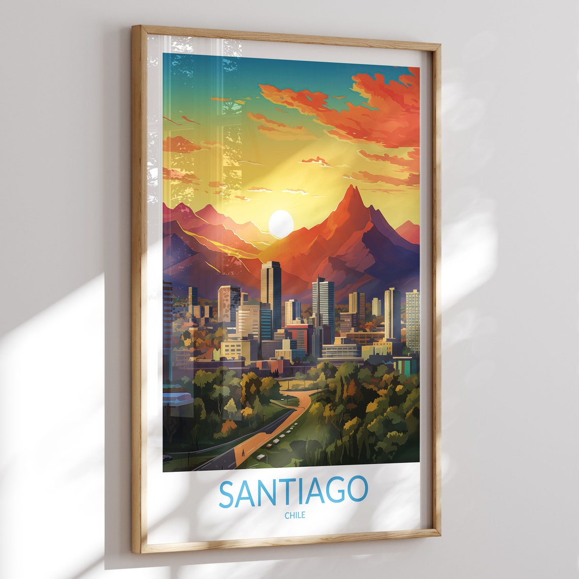 Santiago Chile Sunset Skyline Andes Mountain Glow Retro Poster