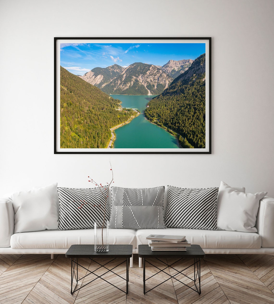 Turquoise Alpine Lake Aerial Forested Peaks Road Austria Poster - Image 3