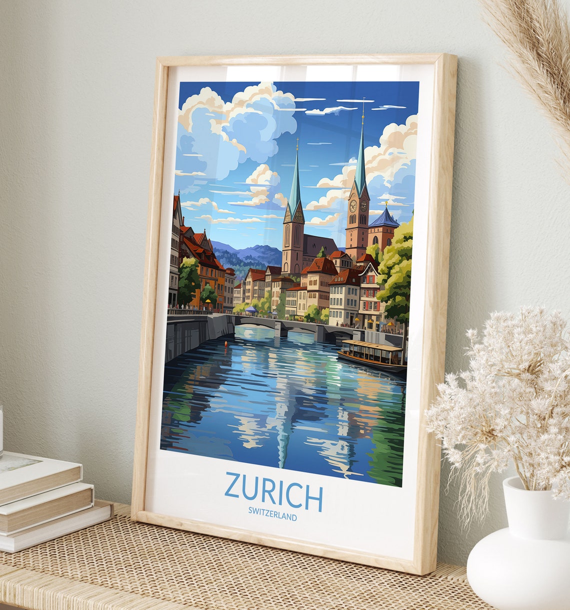 Zurich Switzerland Riverfront Church Towers and Bridge Travel Poster