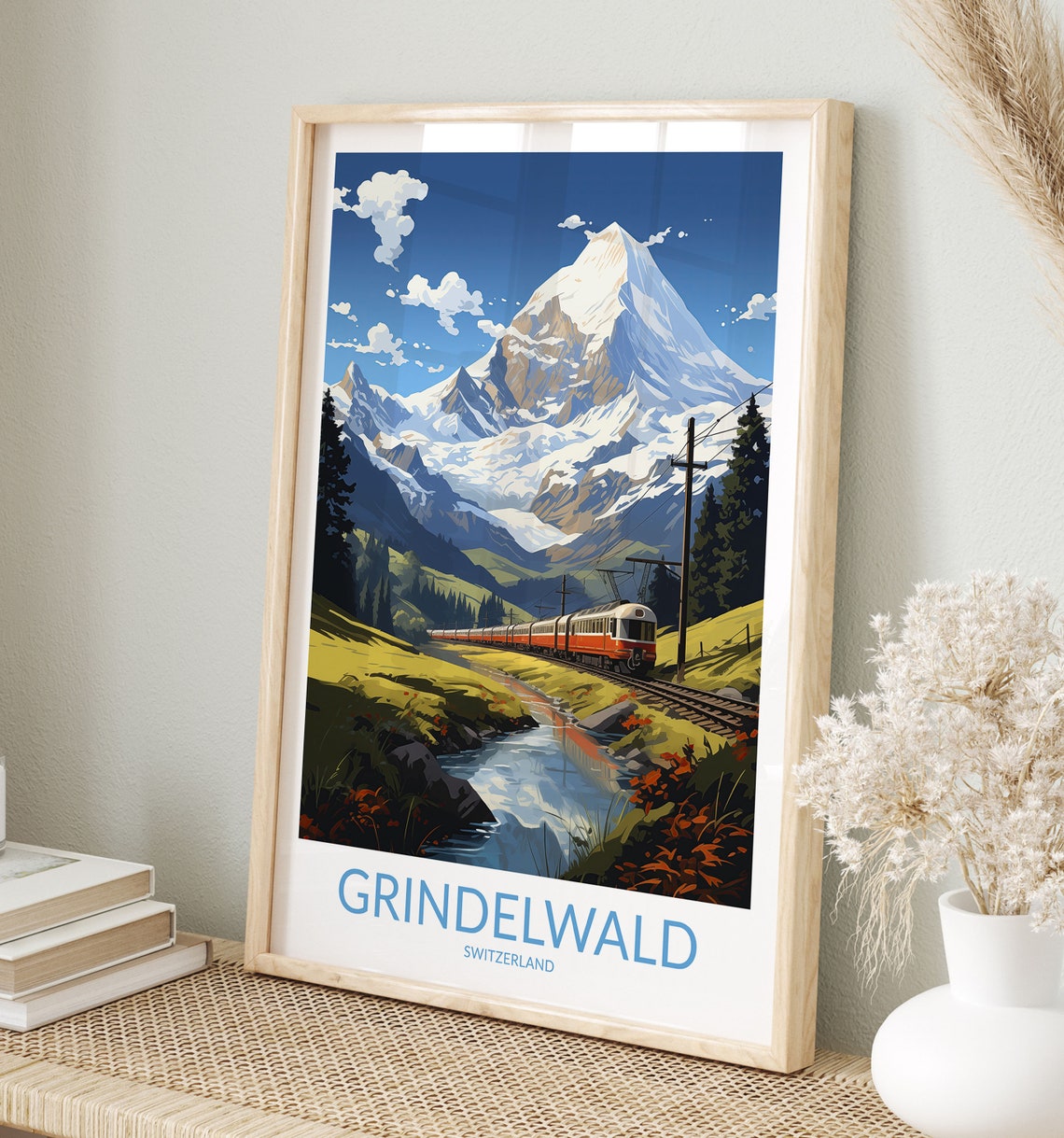 Grindelwald Switzerland Red Train by a Mountain Stream Poster