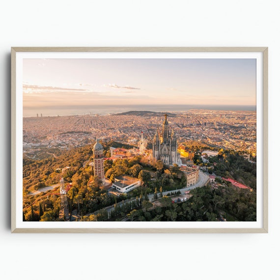 Tibidabo Barcelona Print Gaudi Art Barcelona Sunrise City Poster Catalonia Travel Art Aerial Photography Travel Gift