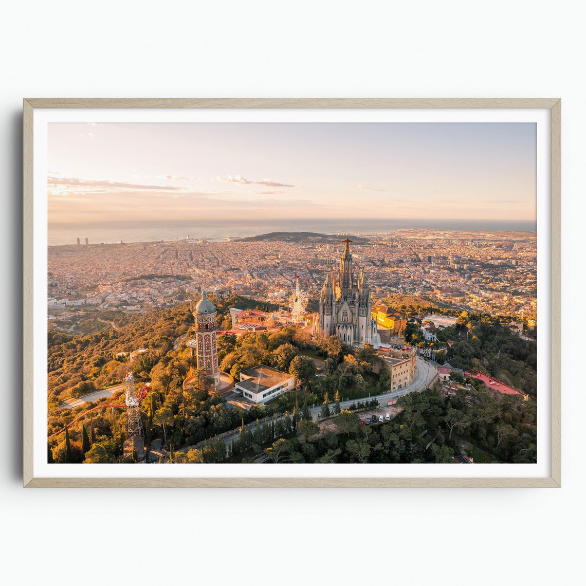 Tibidabo Barcelona Print Gaudi Art Barcelona Sunrise City Poster Catalonia Travel Art Aerial Photography Travel Gift