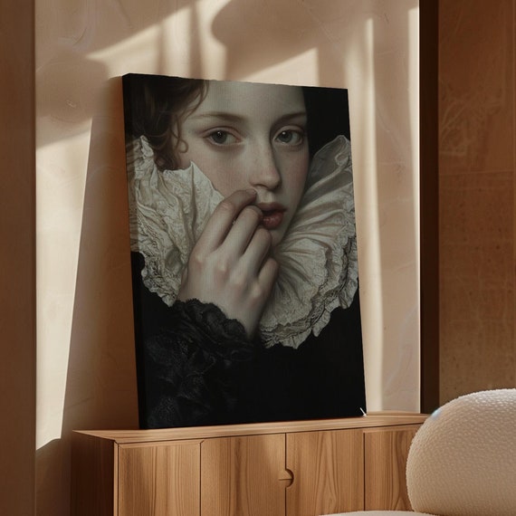 Gothic Portrait Mysterious Woman With Green Eyes And Ruffled Collar Elegant Dark Vintage Wall Art