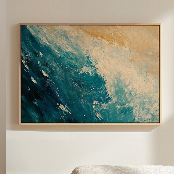 Abstract Ocean Wave Teal Gold Textured Sea Art Modern Coastal Print