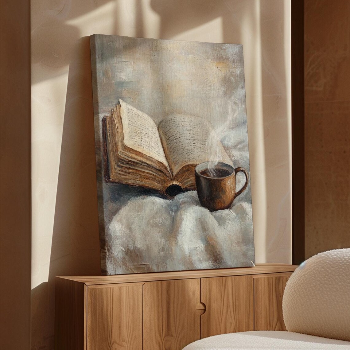 Cozy Reading Nook Open Book and Coffee Cup Art Print