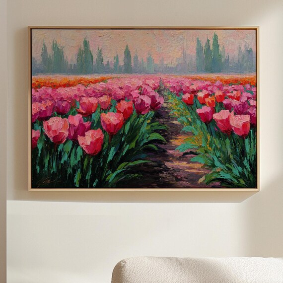 Pink Tulip Field Vibrant Impressionist Spring Floral Farm Wall Art