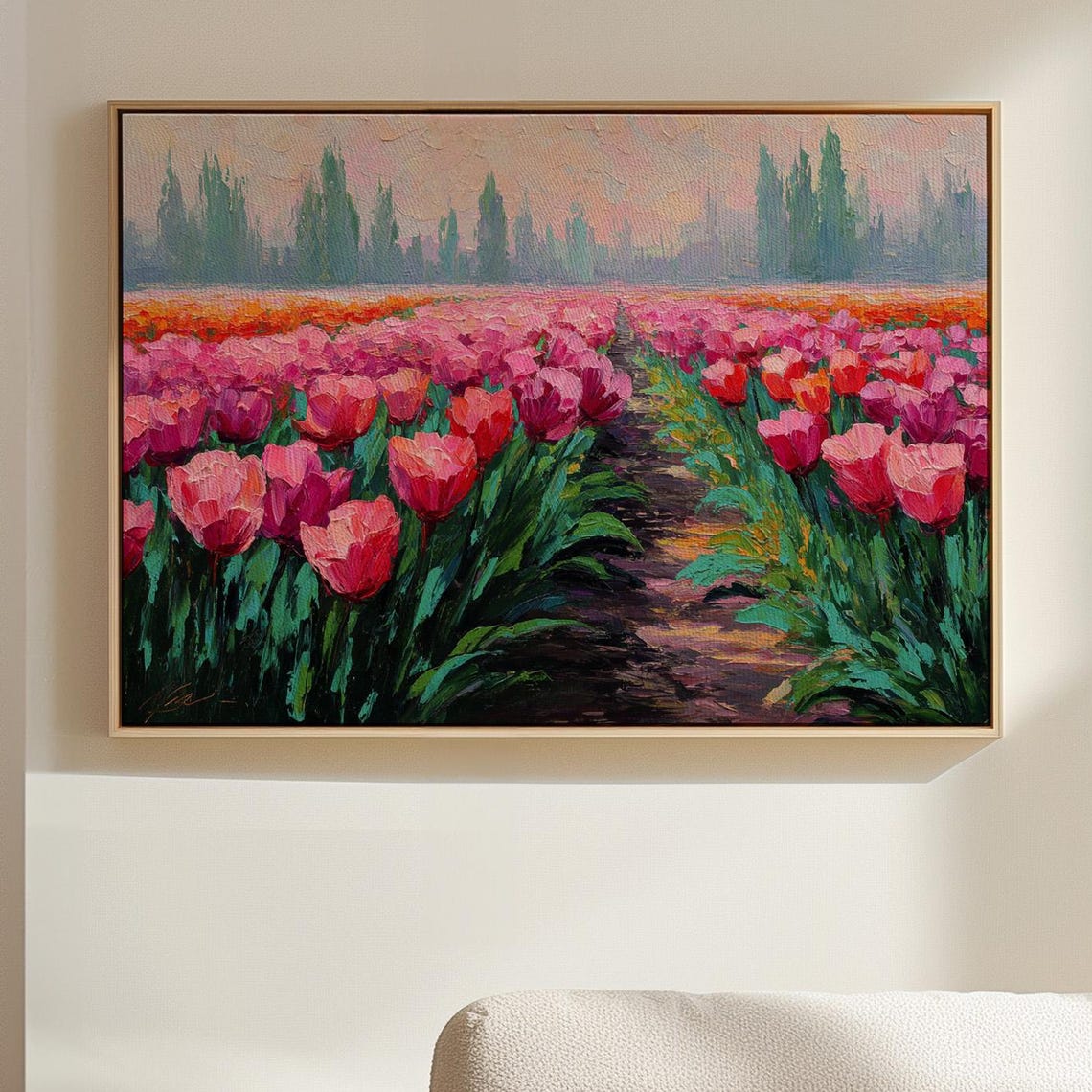 Pink Tulip Field Vibrant Impressionist Spring Floral Farm Wall Art