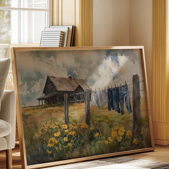 Sunlit Rustic Laundry Scene Farmhouse Style Watercolor Wall Art For Countryside Inspired Home And Vintage Decor