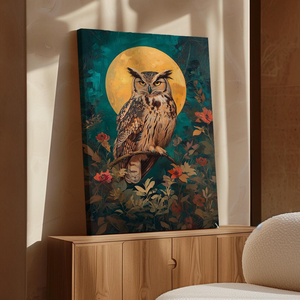 Owl Golden Moon Teal Floral Vines Elegant Boho Wildlife Poster
