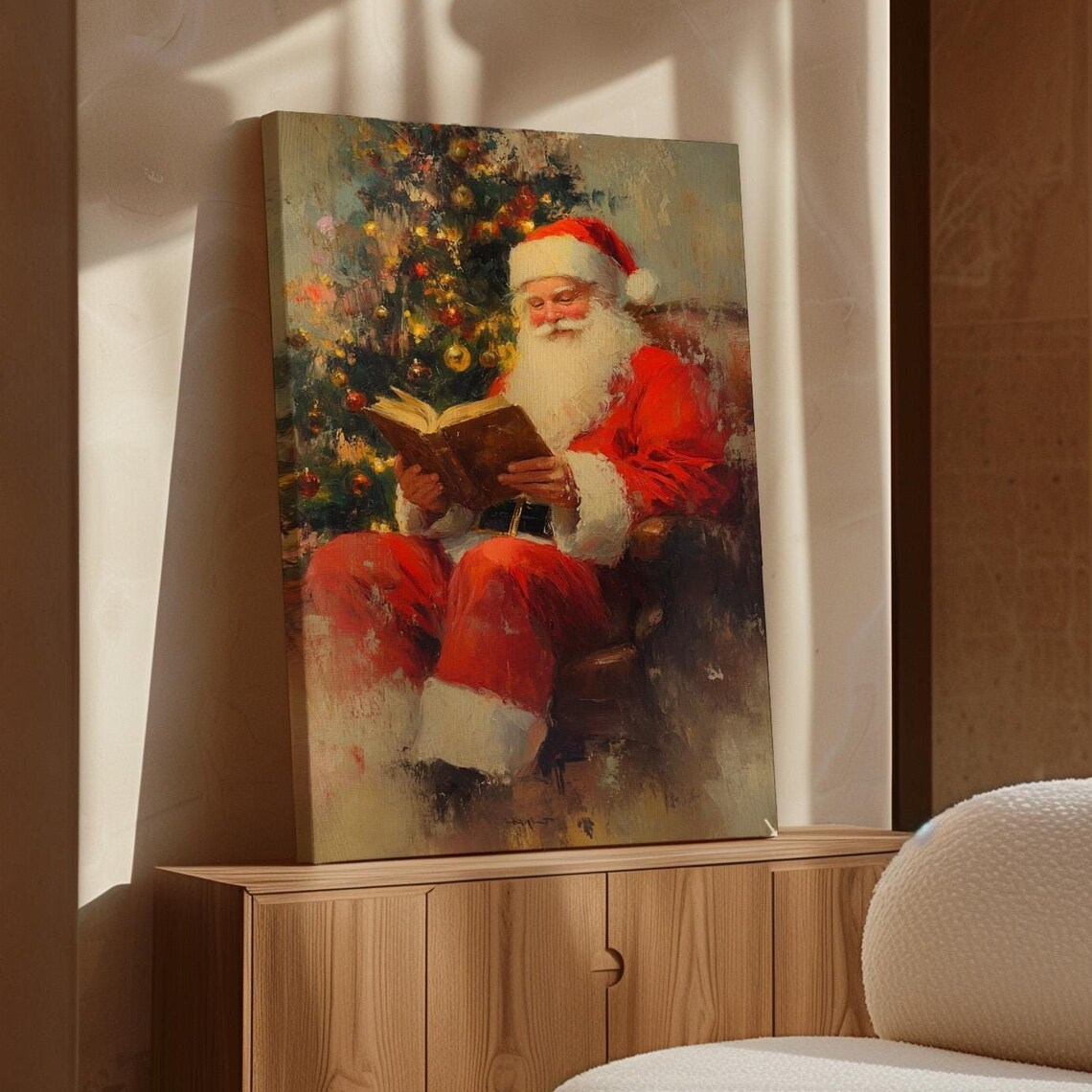 Santa Claus Reading a Book Beside the Christmas Tree Holiday Poster