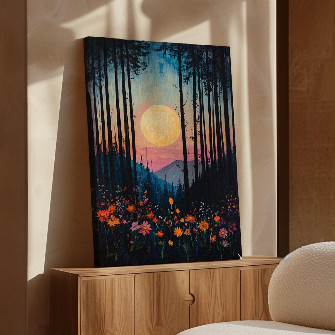 Full Moon Over Wildflower Forest Vibrant Sunset Mountain Poster