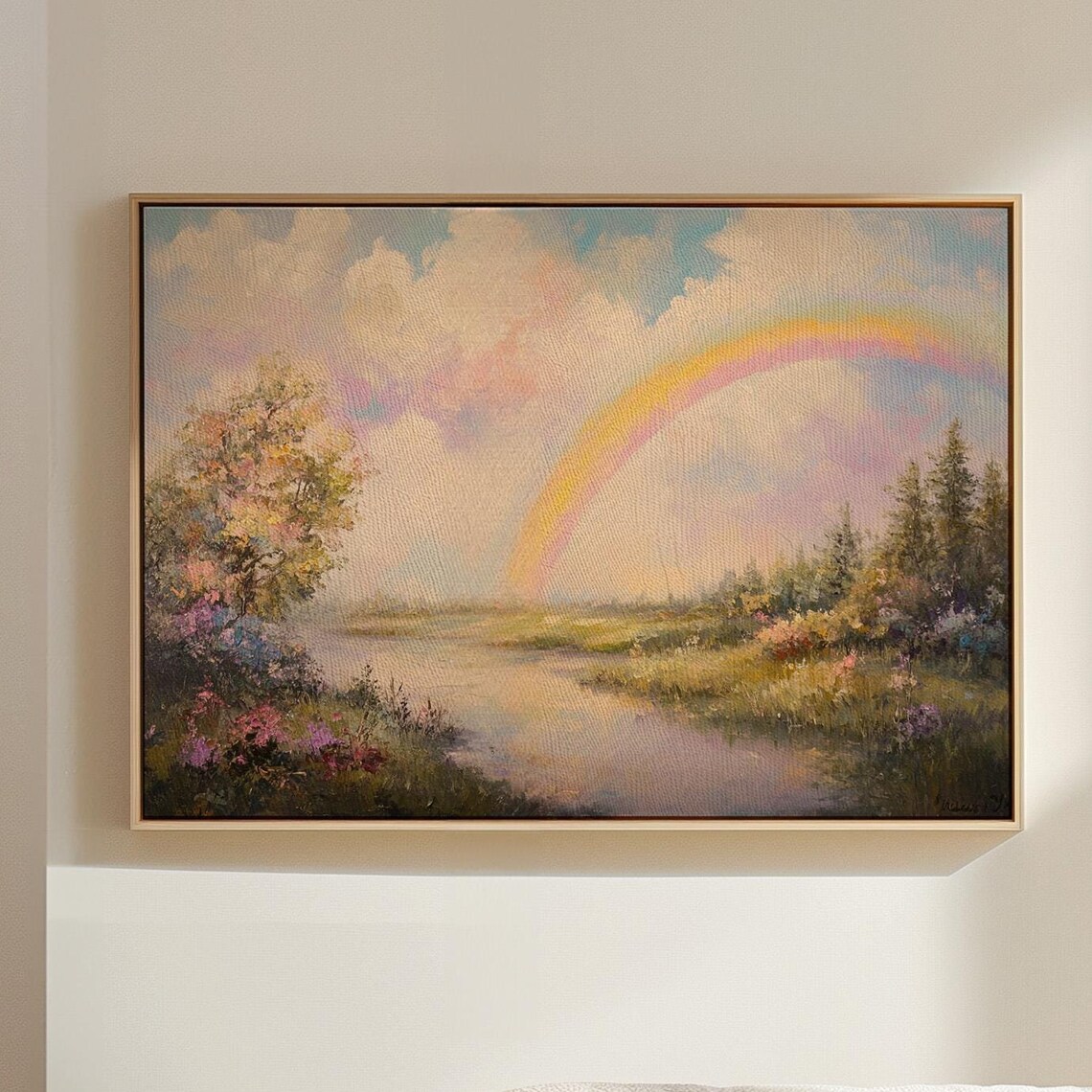 Pastel Rainbow Over River Landscape, Scenic Nature Art Print