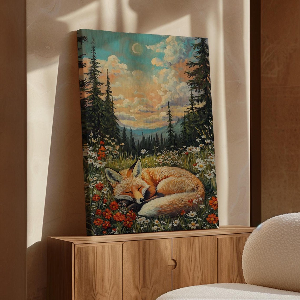 Sleeping Fox In Wildflower Meadow Pine Forest Moonlight Poster