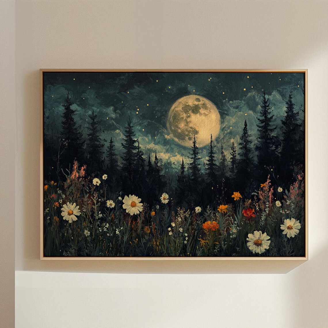 Moonlit Forest With Full Moon Stars And Wildflower Meadow Poster