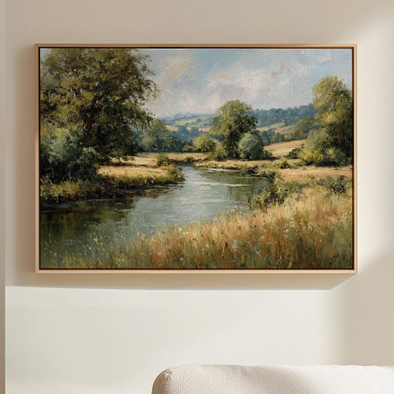 Tranquil Countryside River Canvas Wall Art Vintage Oil Painting Landscape Of Fields Trees And Flowing Water Rustic Farmhouse Dcor