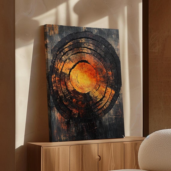 Fiery Tree Ring Wall Art Bold Textured Wood Grain Print In Deep Charcoal And Ember Hues Unique Nature Inspired Decor For Modern Homes