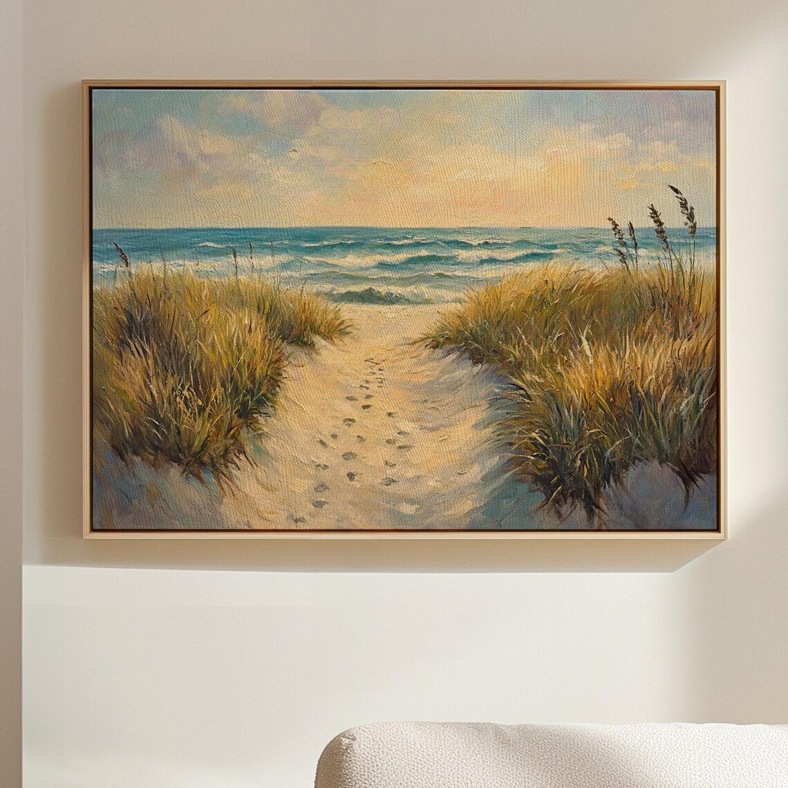 Sunset Beach Path With Ocean Waves And Footprints In Sand Coastal Scenic Poster