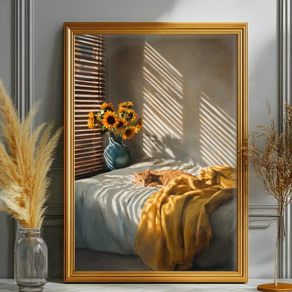 Sleeping Cat Sunflowers, Van Gogh Style Poster