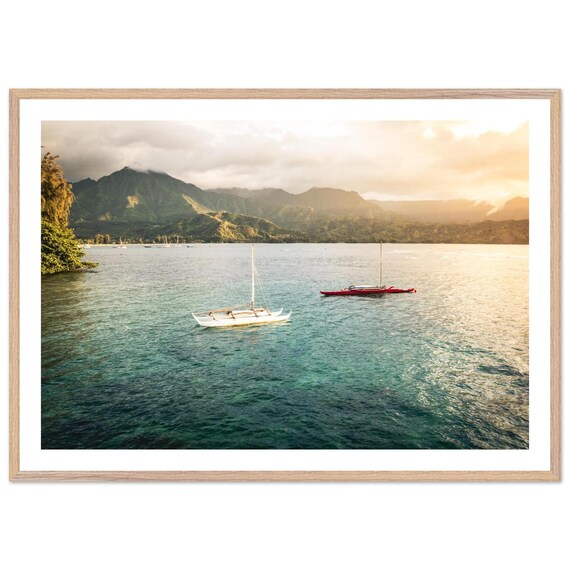 Hanalei Bay Kauai Sunset Outrigger Canoe Beach Photo Art Poster