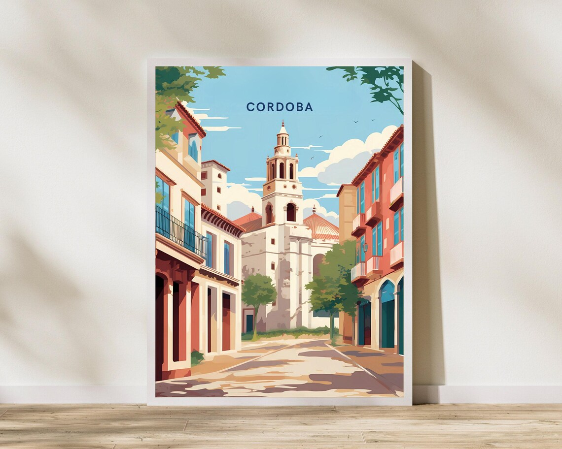 Cordoba Spain Historic Old Town Street Tower Vintage Travel Poster