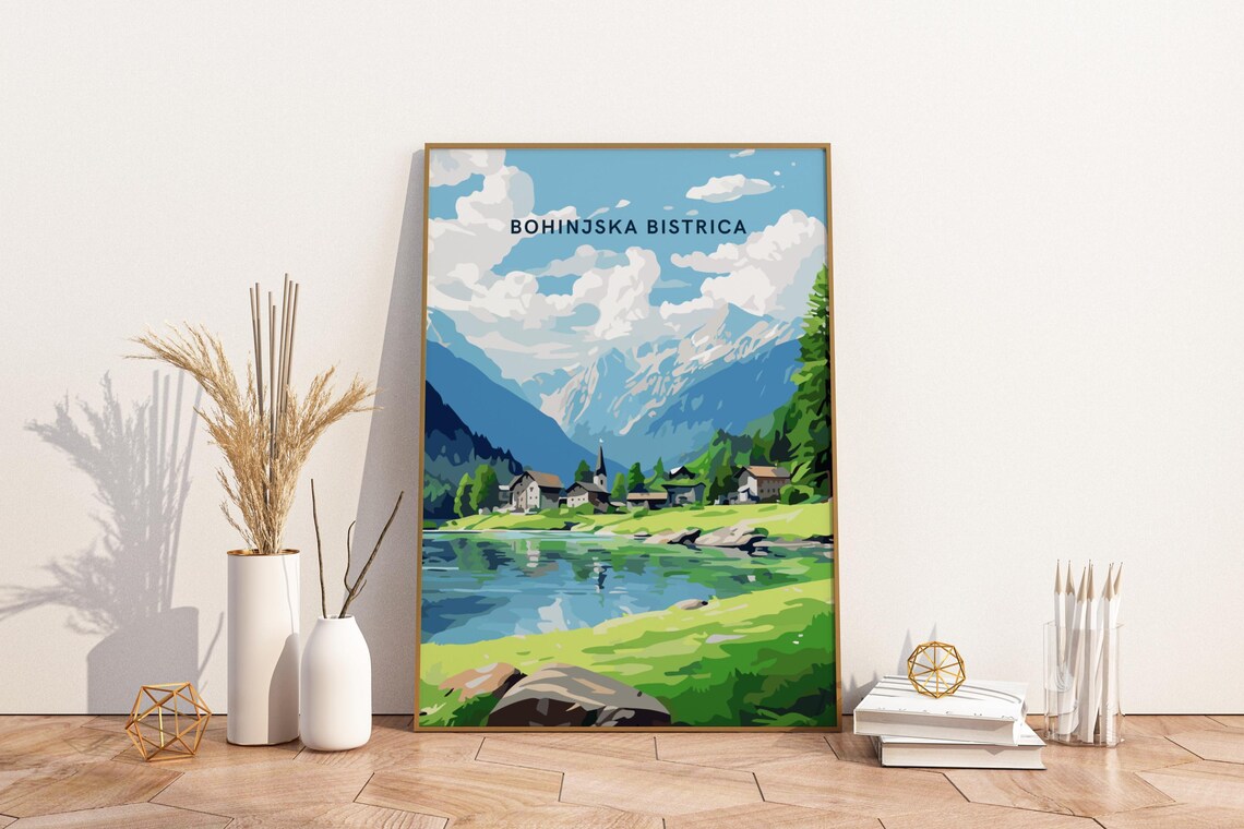 Bohinjska Bistrica Slovenia Alpine Lake Mountain Vintage Travel Poster