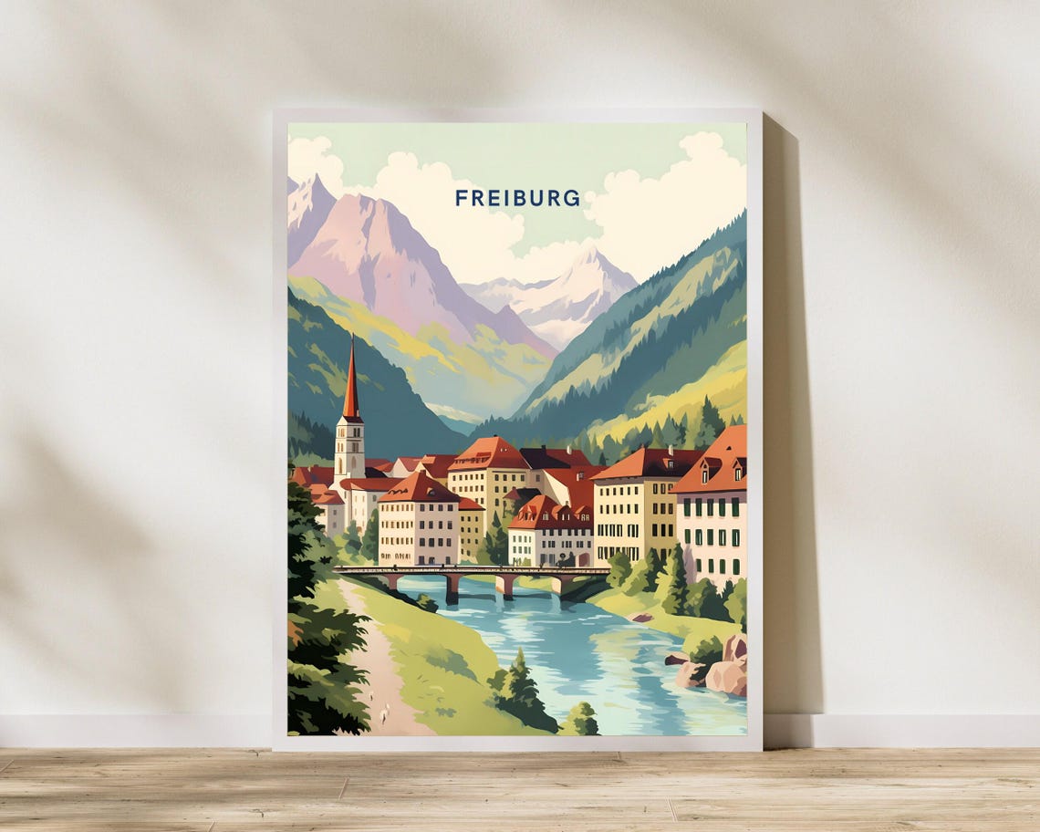 Freiburg Germany Old Town River and Alps Vintage Travel Poster