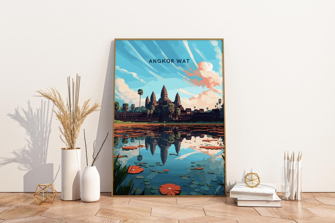 Angkor Wat Cambodia Travel Poster Temple Reflection Lotus Pond Art