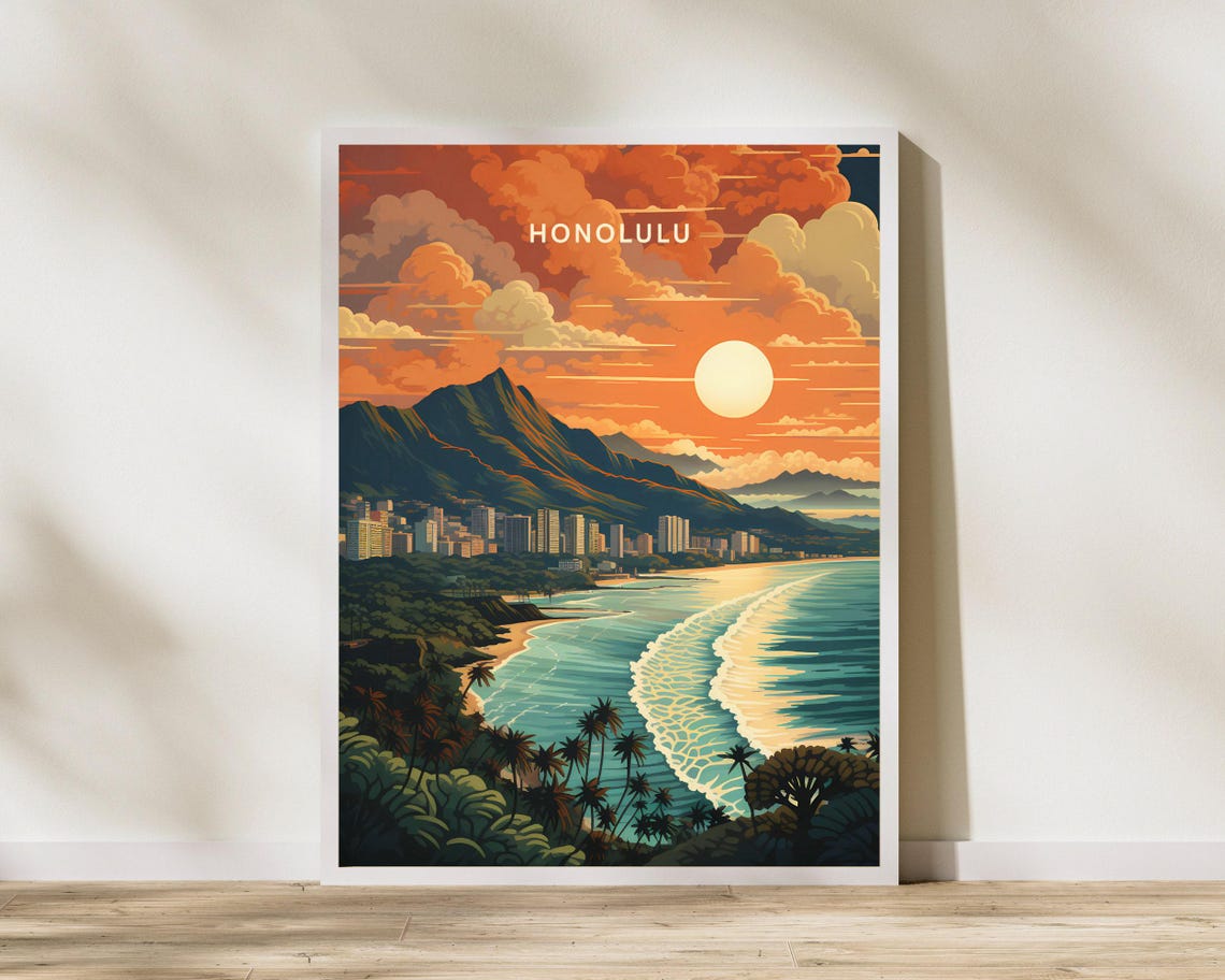 Honolulu Hawaii Sunset Coastline City Skyline Vintage Travel Poster