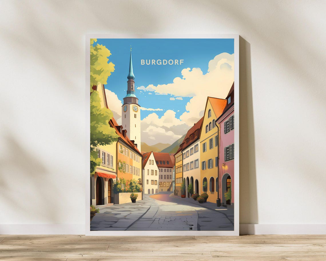 Burgdorf Switzerland Old Town Street Clock Tower Retro Travel Poster