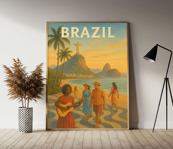 Brazil Rio At Sunset Travel Poster Brazilian Wall Art Print Vintage Decor