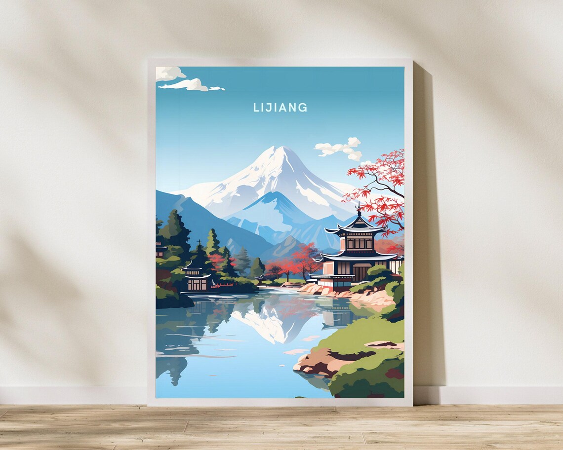 Lijiang China Pagoda Lake Snow Mountain Reflection Travel Poster
